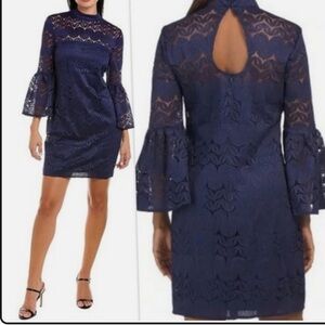 Trina Turk Illusion Yoke Bell Sleeve Lace Dress in Navy Size 16
